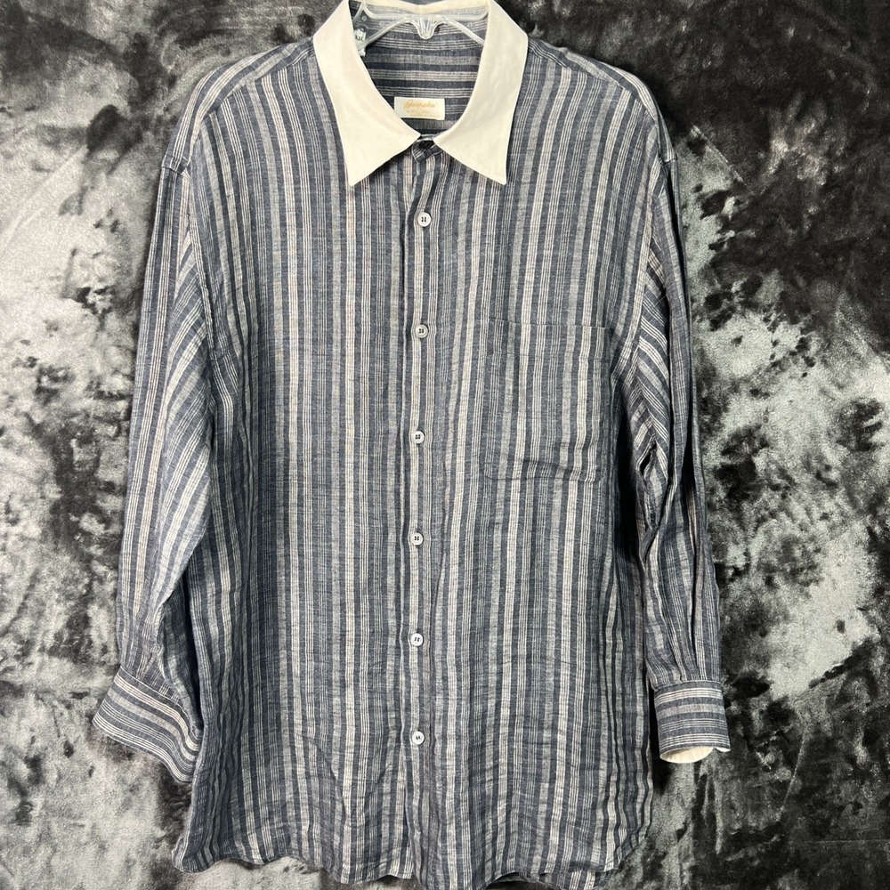 Bespoke by William Linen Shirt XXL Made Italy Striped Contrast Collar